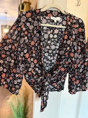 Pink Rose Floral Tie-Front Kimono Crop Top Black Pink Orange Size Large 8-12